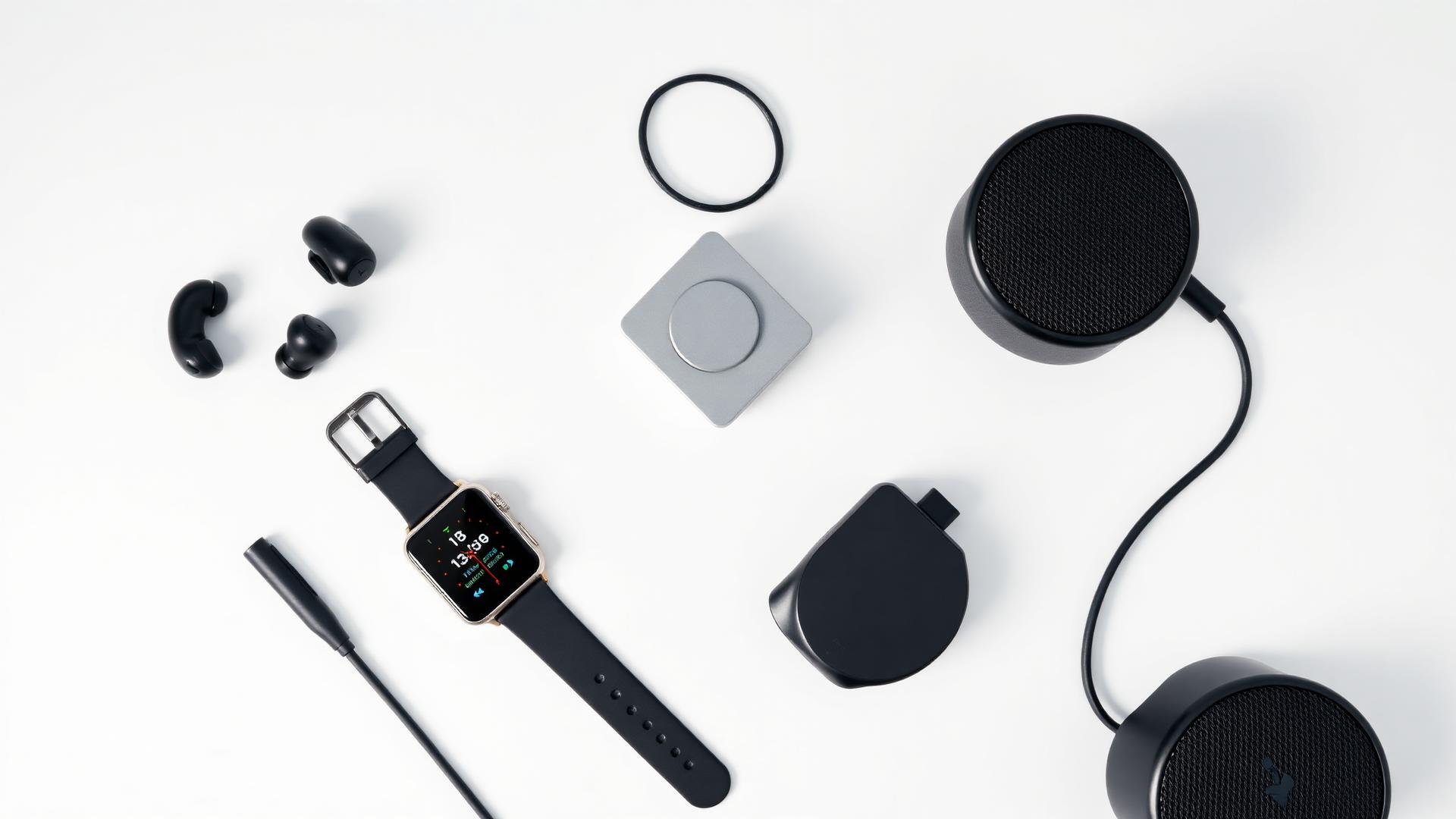 A curated flat lay of modern tech gadgets on a white surface